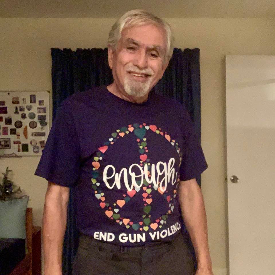 Yours truly, wearing a T-shirt with the message 'Enough: End Gun Violence'