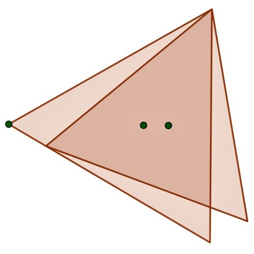 Math puzzle: Two equilateral triangles share a vertex. Prove that the marked vertex and the triangles' centers are collinear