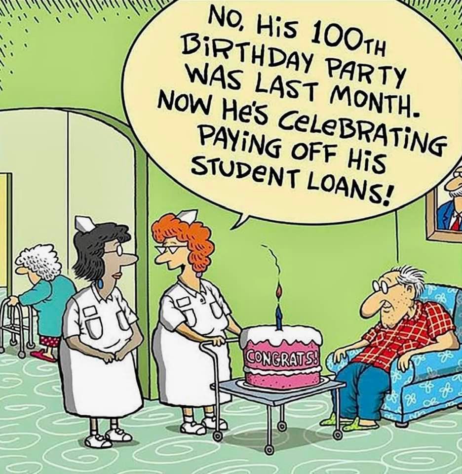 Cartoon: One-hundred-year-old celebrating the pay-off of his student loans