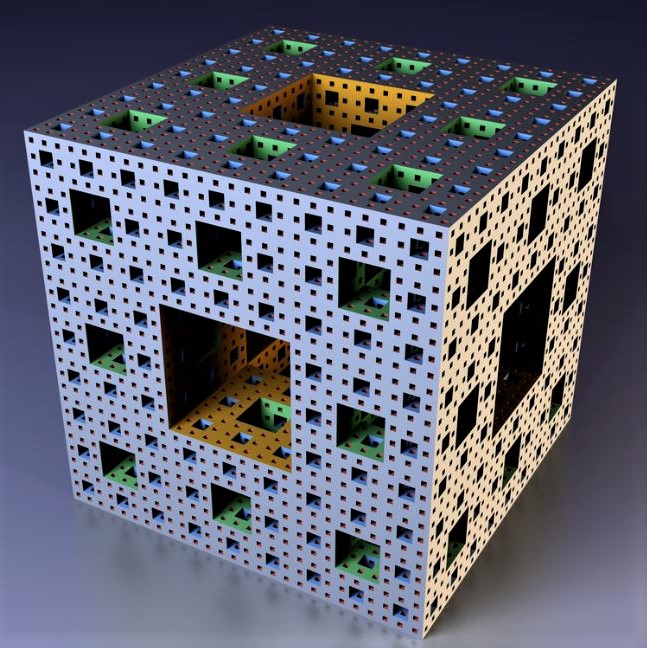 Menger sponge or cube: A fractal object with a volume that tends to 0 and a surface area that tends to infinity