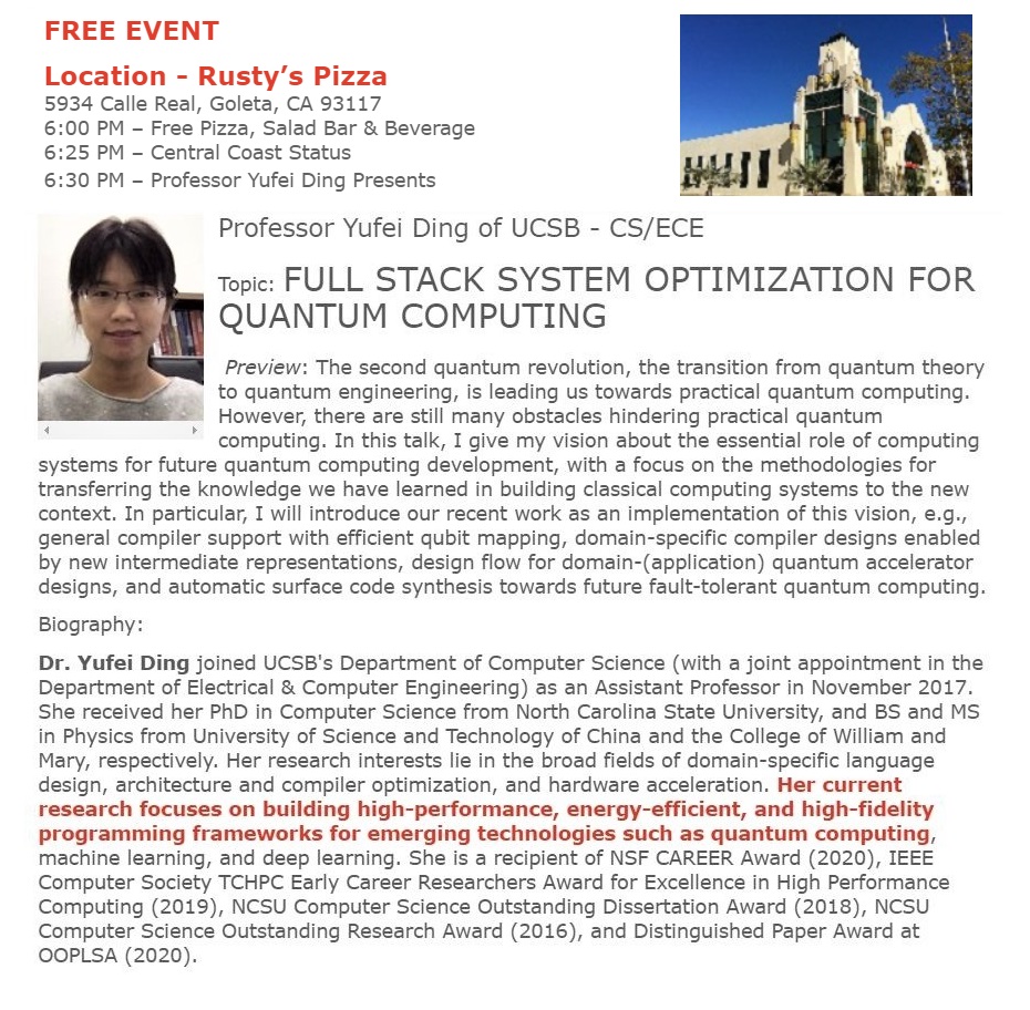Tonight's IEEE Central Coast Section tech talk by Dr. Yufei Ding of UCSB
