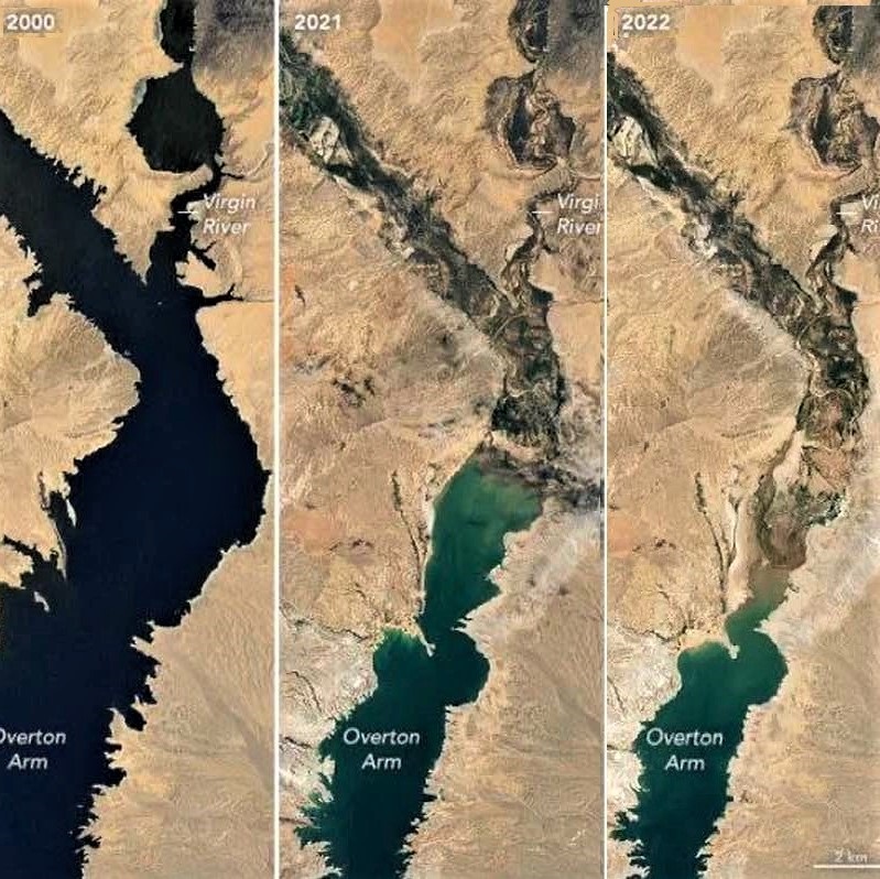 The drying Lake Mead (behind Hoover Dam): 2000, 2021, 2022