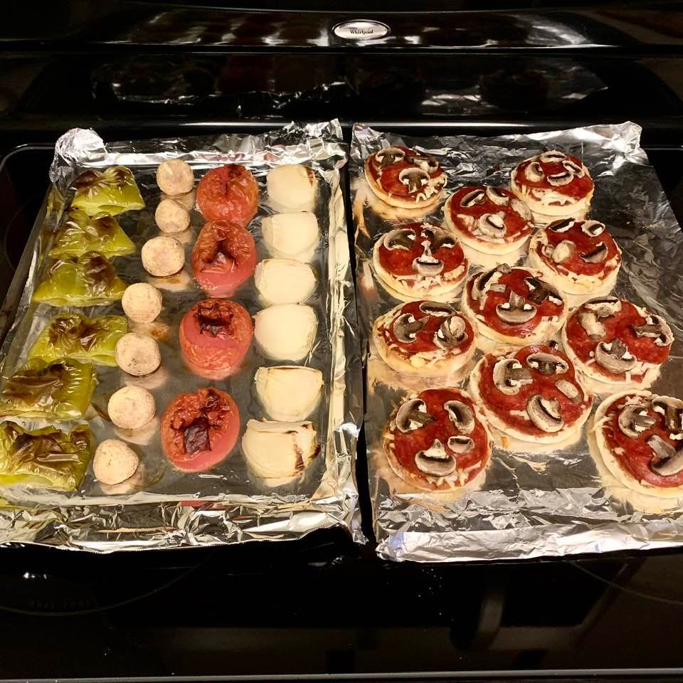 Made these broiled veggies & pepperoni-mushroom English-muffin mini-pizzas Monday night