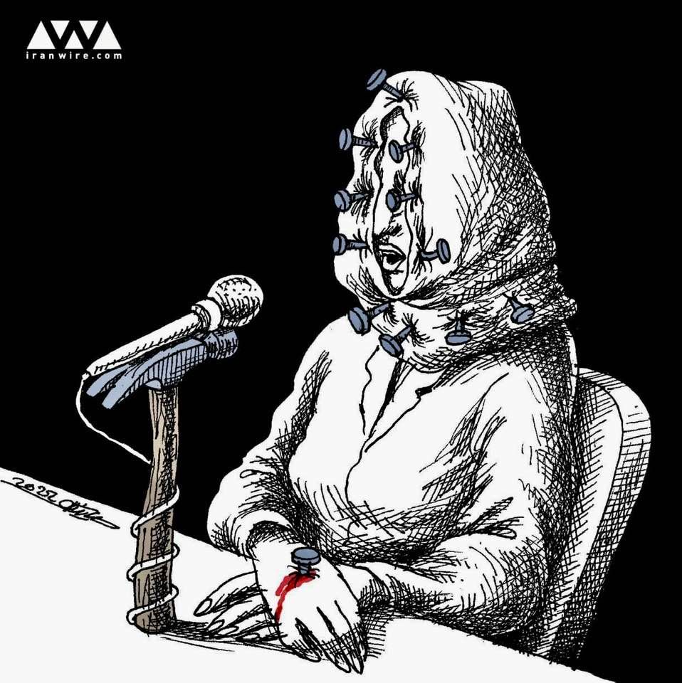Cartoon by Mana Neyestani: Forced confession of an anti-hijab activist on Iran's state TV