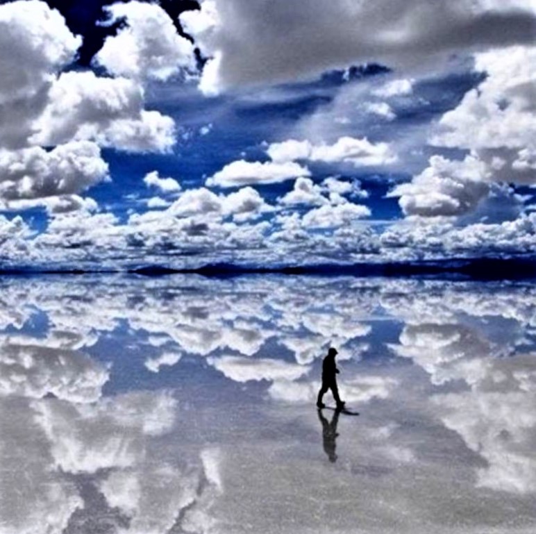 Uyuni salt sea in the south of Bolivia becomes a mirror during the rainy season