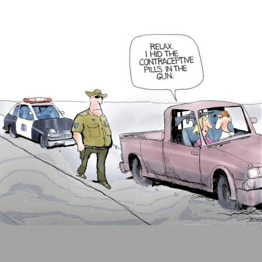 Cartoon 2: Future traffic stop in the US: 'Relax. I hid the contraceptive pills in the gun'