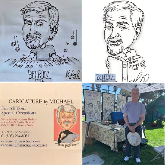 Cartoon portraits of me, drawn by Michael in 2016 and 2022