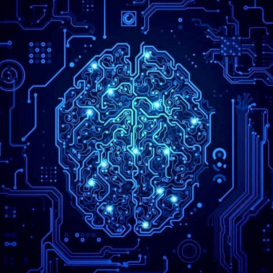 Artwork combining image of a human brain with electronic circuits to visualize artificial intelligence