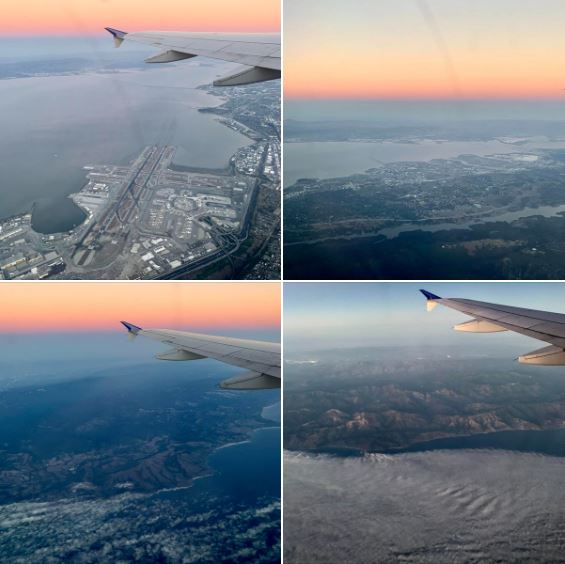 After the last leg of my flight (SFO to SBA), I am glad to be home. Photos show SF Airport, SF Bay, and the Pacific coast near SF