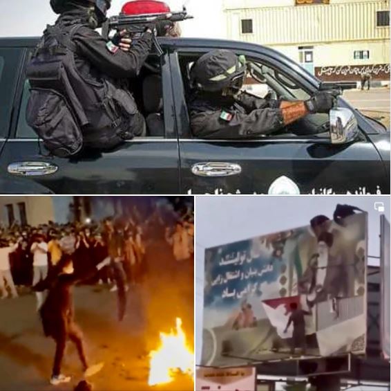 Iranian protesters burn their hijabs and deface billboards with Khamenei's picture on them, as security forces shoot into crowds