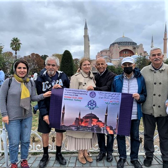 In front of Hagia Sophia, with our reunion banner featuring a photo of the same