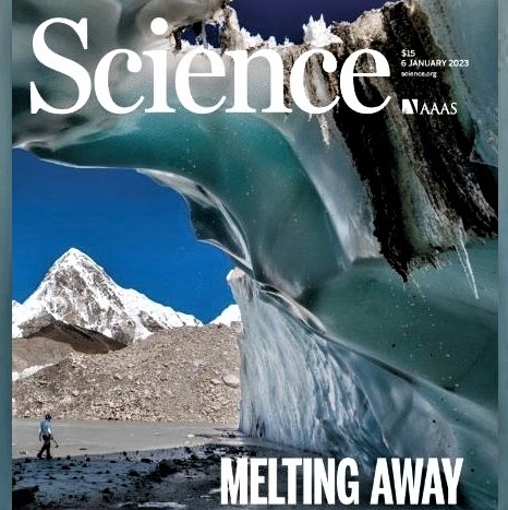 Cover image of 'Science' journal, featuring an article about glacial mass loss scaling linearly with air temperature increase