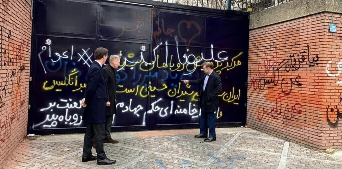 French and German ambassadors in Tehran join the British ambassador in solidarity, as they inspect the defacing of the British Embassy walls