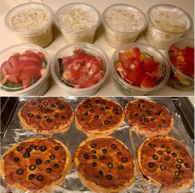 Monday's meal-prep night output: Spaghetti, salad, and pita-bread pepperoni pizzas