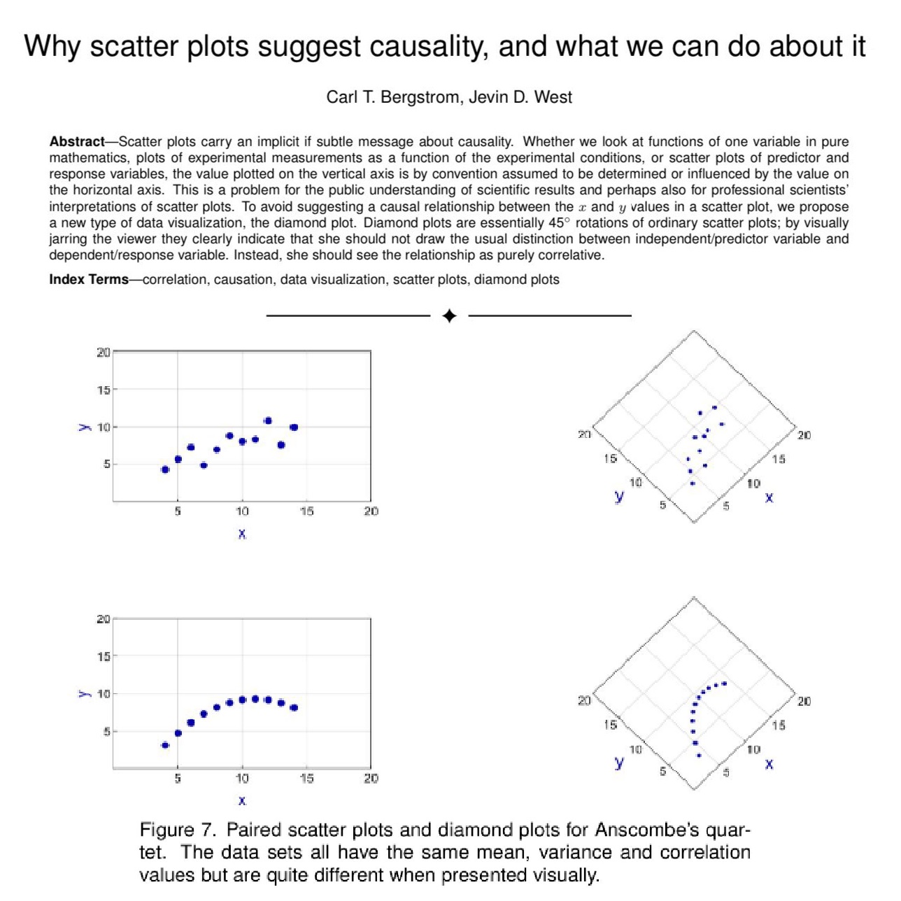 Scatterplots can be misleading, because we often interpret them as implying causality: We should use diamond plots instead
