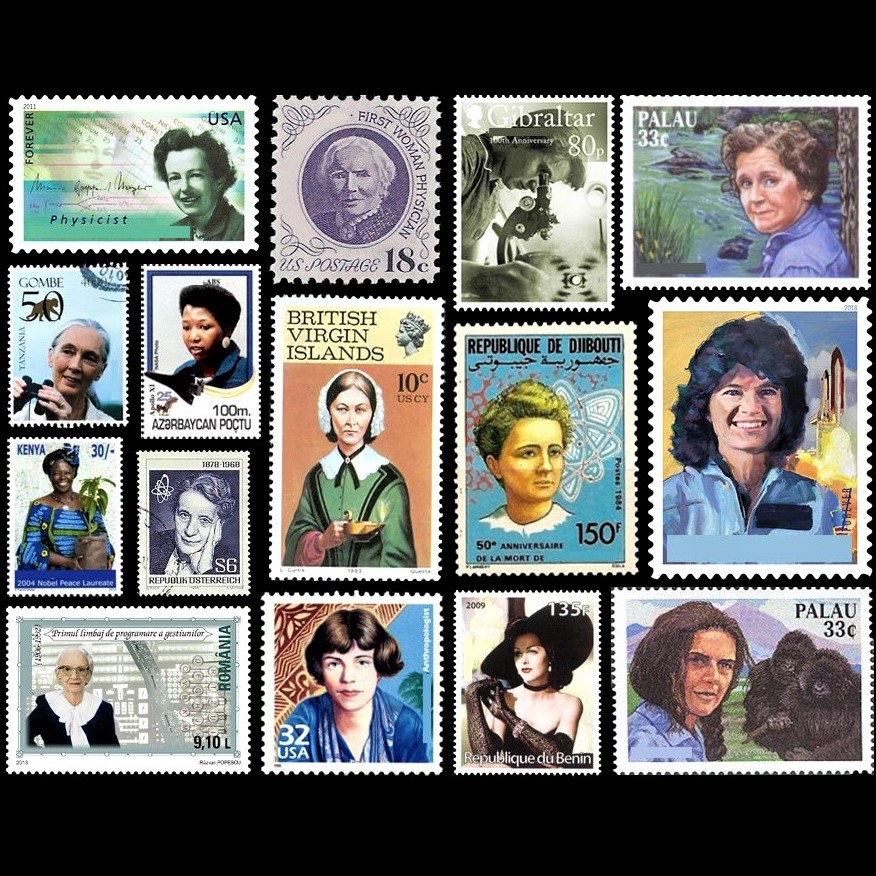 Postage stamps from various countries honoring women scientists