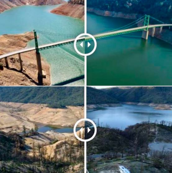 Side-by-side photos of California's Lake Orville, before and after the heavy January 2023 rains