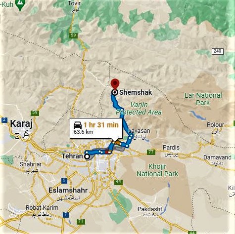 The historic Shemshak Boutique Hotel in Iran: Area map