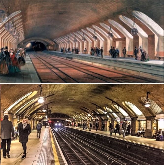The world's oldest underground station, Baker Street, England: 157 years ago and today