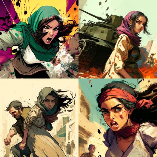 AI-assisted artistic depiction of Iranian women's fight against tyranny