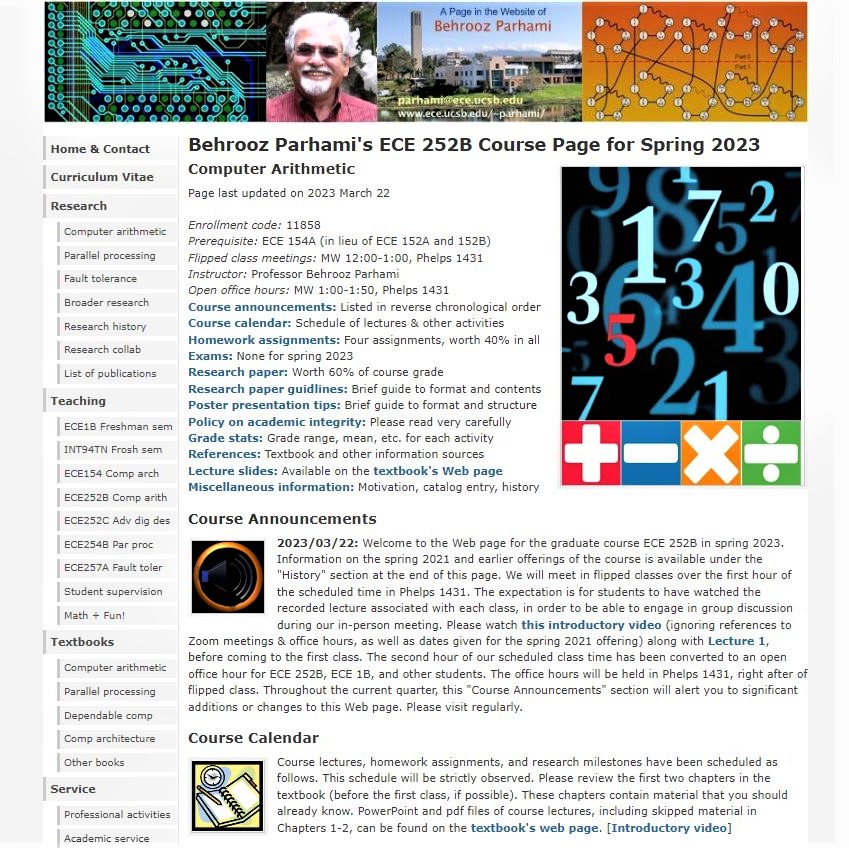 Image of Web page for UCSB ECE 252B, graduate course on computer arithmetic