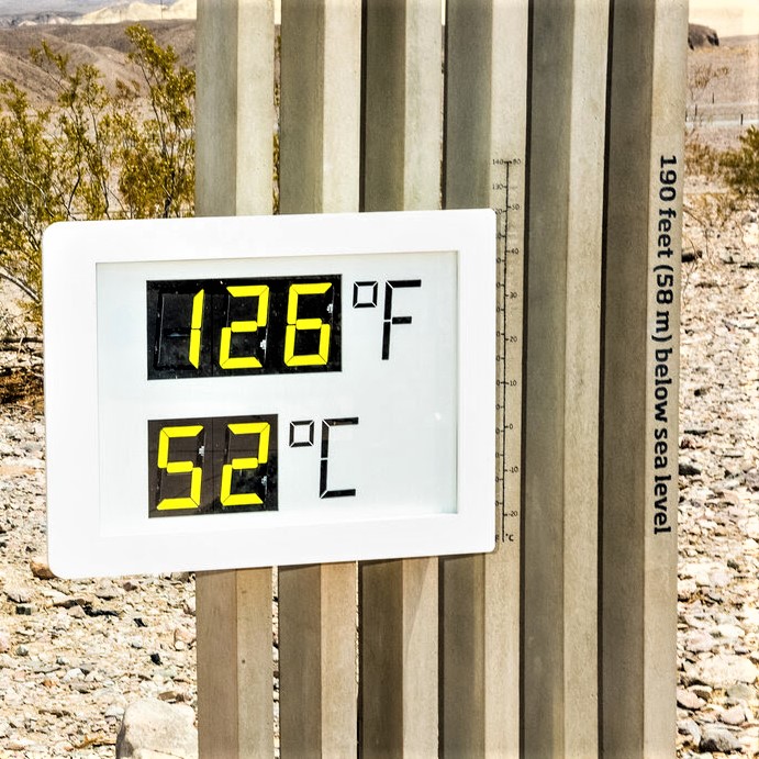 US temperature/elevation sign in Death Valley, California