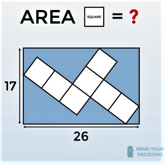 Math puzzle: Given the placement of 7 identical squares inside a 17-by-26 rectangle, as shown, find the area of each square