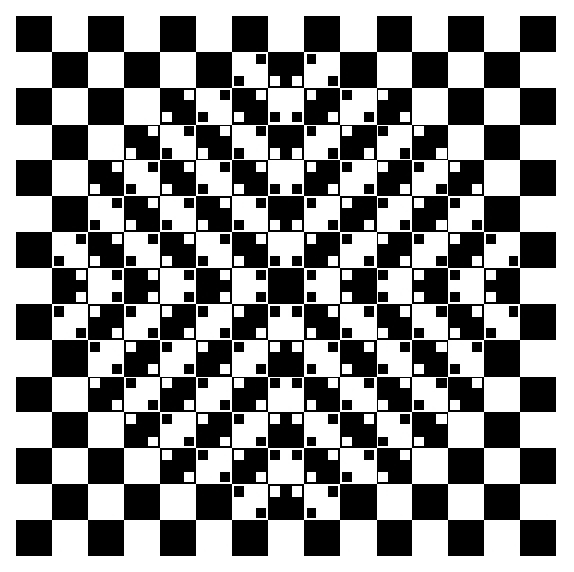 Optical illusion: Adding little squares distorts our perception of the checkerboard pattern, making it appear to bulge out