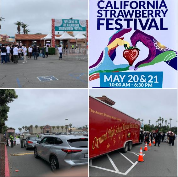 At California Strawberry Festival: Entrance, poster, and shots from the parking lot