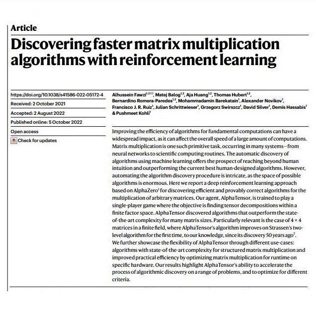 Faster arithmetic algorithms discovered through machine learning: First page of 'Nature' article