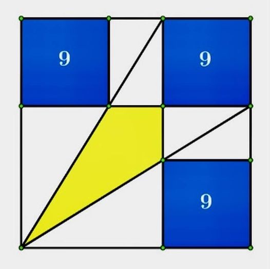 Math puzzle: In this diagram, with a large square and three smaller squares of area 9, find the area of the yellow region