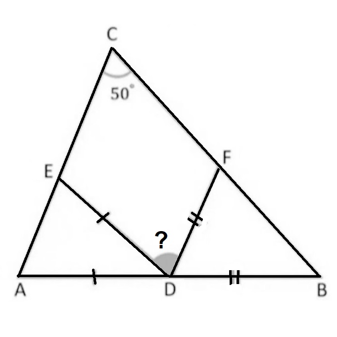 Math puzzle: We have two isosceles triangles within the triangle ABC. What is the measure of the angle bearing a question mark?