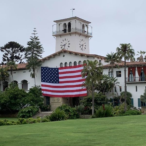 July 4th observance: humongous flag in front of Santa Barbara Courthouse