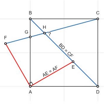 Math puzzle: If the blue line segments BD & CF are equal, as are the red line segments AE & AF, what is the measure of the angle CHD?