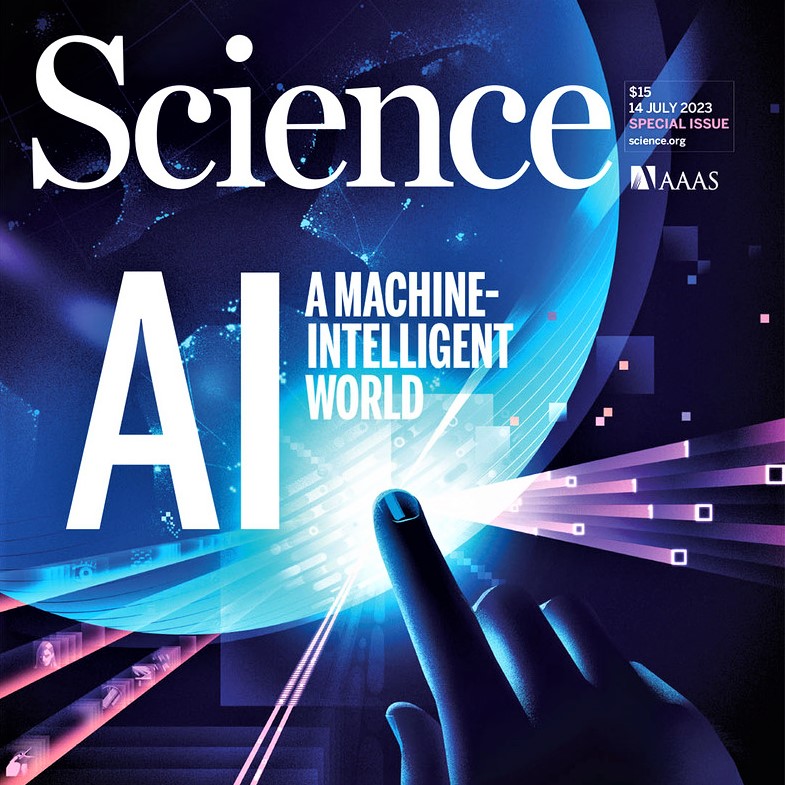 Cover image of the July 14, 2023, issue of Science magazine, with a special section on 'A Machine-Intelligent World'