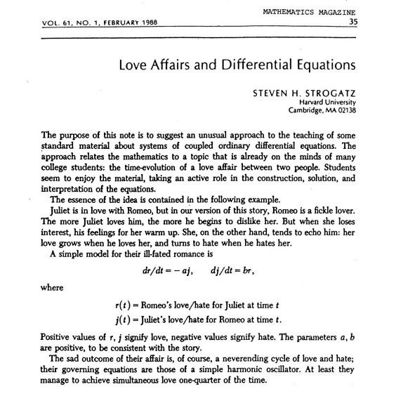 'Love Affairs and Differential Equations': Title of an entertaining paper by Harvard U.'s Steven H. Strogatz