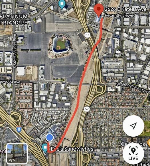 Saturday's walking experience: From Anaheim's Amtrak Station, 1.7 miles to my niece's place, along the Santa Ana River Trail