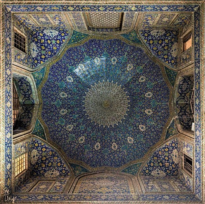The intricate design and tiling scheme of the dome at Isfahan's Shah Mosque