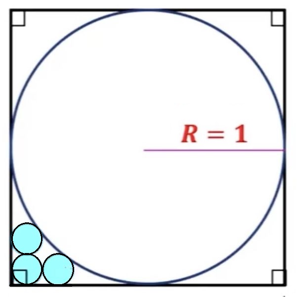 Math puzzle: Find the radius of the three identical blue circles at the bottom-left of the diagram