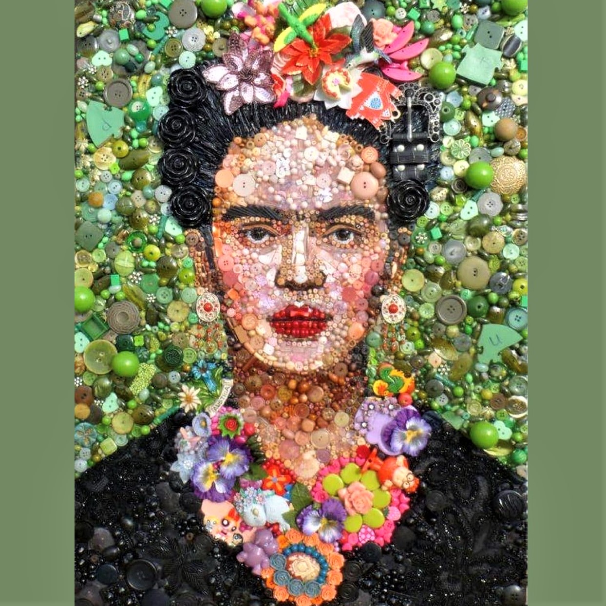 'Frida,' by UK artist Jane Perkins who creates collage/mosaic artwork from found and upcycled material