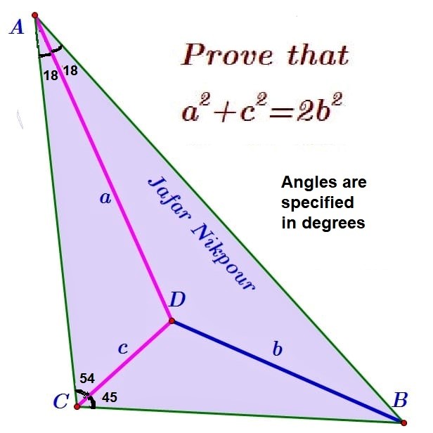 Math puzzle: Given the angles in this figure, prove that a^2 + c^2 = 2b^2.