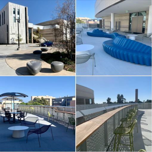 Interactive Learning Pavilion (a UCSB classroom building) and some its outdoor seating to study or take a break