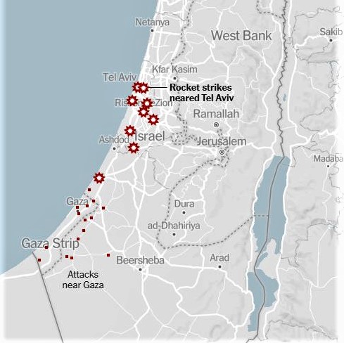 Areas of Hamas rocket strikes and terrorist attacks in Israel.