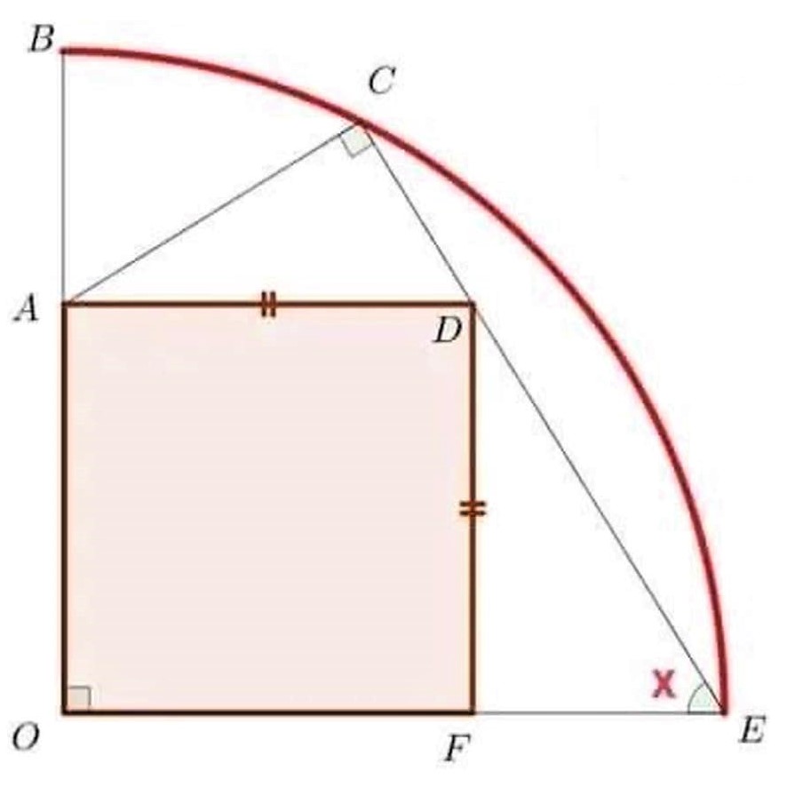 Math puzzle: In this diagram with a square and a quarter-circle, what is the measure of the angle x?