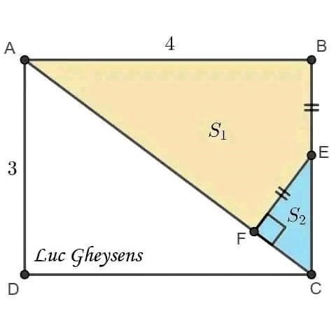 Math puzzle: A rectangular area is divided up as shown. Find the ratio of the yellow area to the blue area