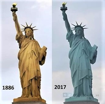 The Statue of Liberty was made of copper, but over the many decades since it was built, is has turned greenish due to oxidation