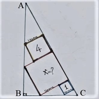 Math puzzle: Squares of areas 1, 4, and x are embedded in the right triangle ABC. Find x