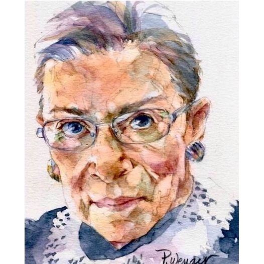 Watercolor portrait of Justice Ruth Bader Ginsburg: by American artist Pam Wenger (1953-); on paper, 9 x 12