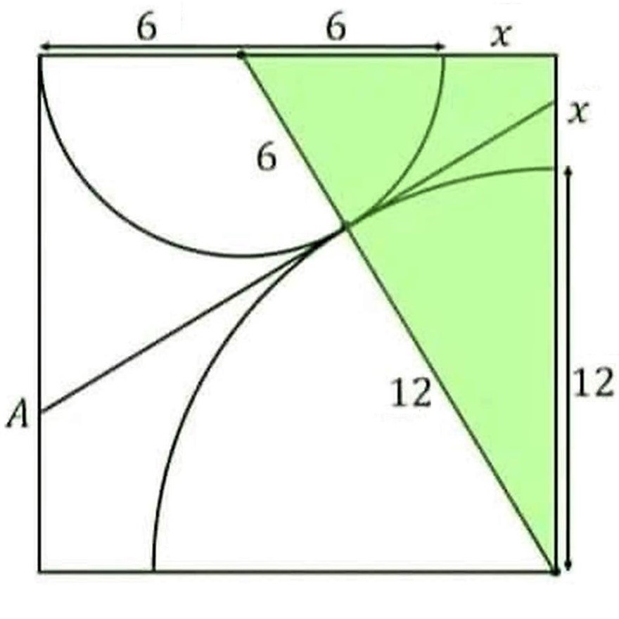 Math puzzle: We have an outer square, a quarter-circle of radius 12, and a half-circle of radius 6. Find the area of the green right triangle
