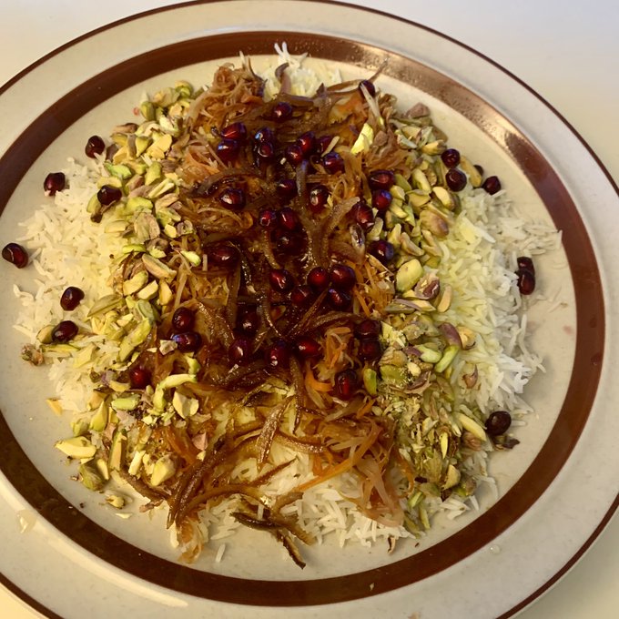 Last night's shirin-polo (sweet or adorned rice) for early dinner, by my daughter